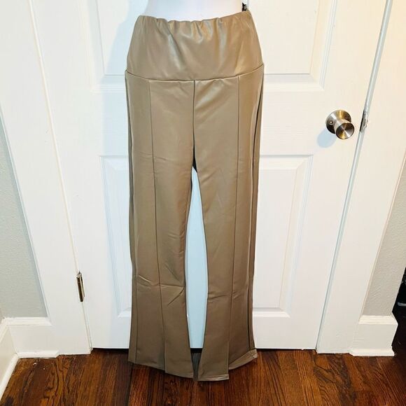 RDI Faux Leather Slit Front Flare Pants Taupe Gray Brown L - Picture 3 of 10